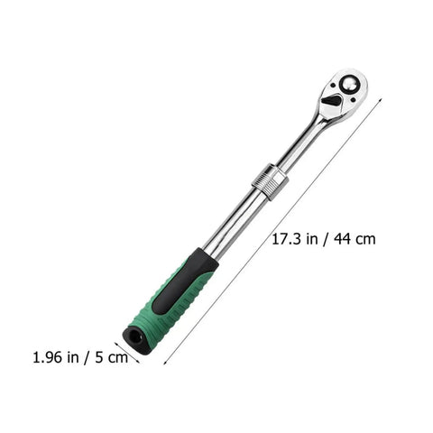 Heavy Duty Badass Shop Rated Steel Expanding Ratchet Wrench Featuring Lightning Fast 72-Tooth Swivel Action Quick Release Ergonomic Handle for standard sockets, showing measurements.