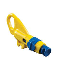 Data And Coax Cable Stripping Tool With Radial Design For RG59 RG6 And CAT3 To CAT6A showing yellow plastic body and blades