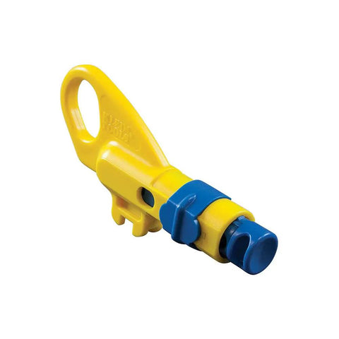 Data And Coax Cable Stripping Tool With Radial Design For RG59 RG6 And CAT3 To CAT6A showing yellow plastic body and blades