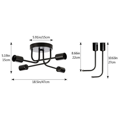 Industrial Semi Flush Mount Four Light Ceiling Fixture With Adjustable Black Metal Branches, E26 Base, dimensions diagram
