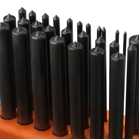 Transfer Punch Set With Premium Heat Treated Alloy Steel Punches 28 Piece Hole Punch Kit in black, close-up view of tools