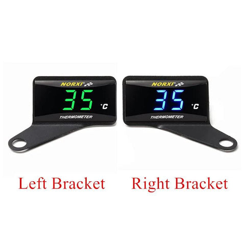 Two NORXI black motorcycle thermometer brackets, left and right, each with a digital temperature display