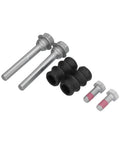 Top Tier Anti-Corrosion Rear Brake Caliper Slider Pins And Guide Bolts Kit Part BCF1346B Perfect Fitment For VW Transporter T4 Models To Fix Squeaky Brakes. Rear brake caliper slider pins, steel bolts, and rubber boots on white background.