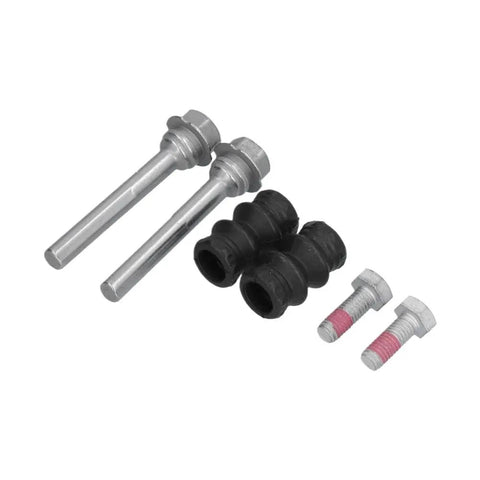 Top Tier Anti-Corrosion Rear Brake Caliper Slider Pins And Guide Bolts Kit Part BCF1346B Perfect Fitment For VW Transporter T4 Models To Fix Squeaky Brakes. Rear brake caliper slider pins, steel bolts, and rubber boots on white background.