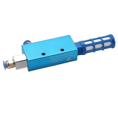 Industrial Pneumatic Vacuum Generator For Heavy Duty Material Handling With Rock Solid Negative Pressure And Boss Level Suction Flow No Sweat Automation Workhorse Accessory, compact blue unit with fittings.