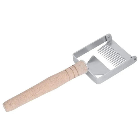 Sturdy Stainless Honeycomb Uncapper Fork With Wooden Handle For Beekeeping, sharp tines visible, tool to lift cells and hive frames