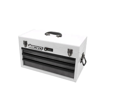 Heavy Duty 3 Drawer Steel Tool Box With Locking System, Portable hand carry toolbox in white 20-gauge steel, secure lock, easy latch