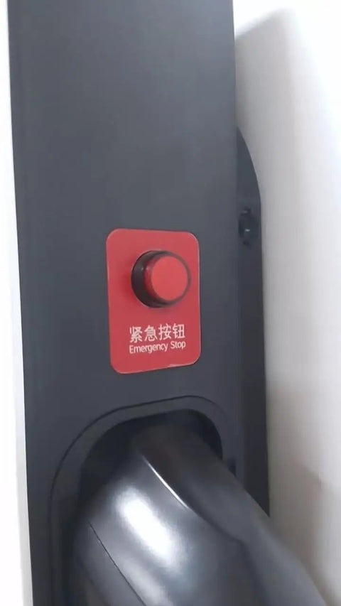 Smart Electric Vehicle Wall Charger With Fast 7KW Hardwired Setup And Type 2 Connector showing emergency stop button detail.