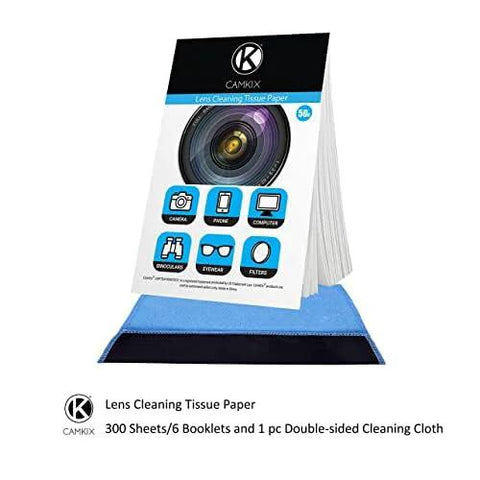 CamKix lens cleaning tissue paper box with 50 sheets and blue double-sided microfiber cleaning cloth