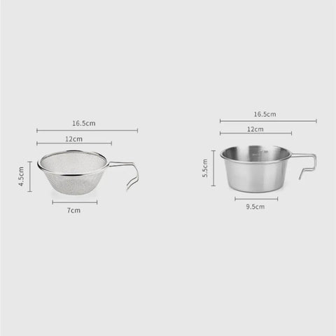 Lightweight Camping Cookware Set 304 Stainless Steel With Drainable Filter includes 16.5cm bowl and strainer with handles