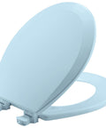 Wood Toilet Seat With Easy Clean Hinges, Round, Dresden Blue Finish, High Gloss Enamel Surface, Twist To Unlock Hinges visible