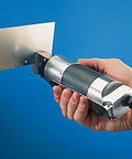 Hand using Handy Pneumatic Flanger Punch Tool For Sheet Metal With Seven Thirty Second Inch Punch And 0.040 Inch Offset Flanges.