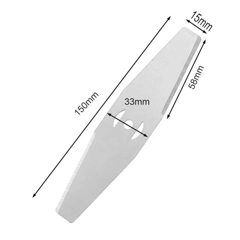 Eight Piece Metal Lawn Mower Saw Blades And Replacement Heads Set For Cordless Mowers, showing blade dimensions