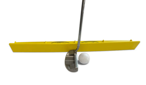 T3 Golf Putting Training Aid For A Consistent Stroke Lower Your Score Pro Level Practice And Master Your Putting Fundamentals With Real World Feedback Built For Indoor And Outdoor Use Golden Yellow, shown with putter and ball.