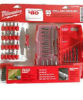 Milwaukee 55 Piece Drill And Drive Set showcased, featuring various bits and a drive tool in organized red case.