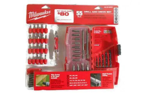 Milwaukee 55 Piece Drill And Drive Set showcased, featuring various bits and a drive tool in organized red case.