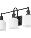 Three Light Vanity Light Fixture In Matte Black Steel, Dope Industrial Nautical Style Wall Mount For Bathroom with opal shades.