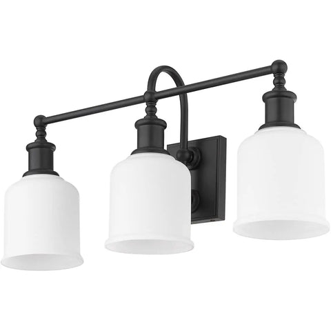 Three Light Vanity Light Fixture In Matte Black Steel, Dope Industrial Nautical Style Wall Mount For Bathroom with opal shades.
