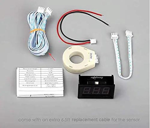 Premium Top Shelf Heavy Duty DC Volt And Amp Meter With Hall Effect Sensor For No Sweat Wiring and Hella Accurate Current Monitoring On Custom Projects, includes meter, wiring, and Hall sensor.