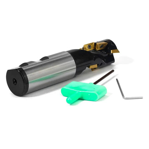 Heavy Duty 1 Inch Shank Indexable End Mill For Rugged Milling, 1 Inch Cutting Diameter, shown with tools and inserts