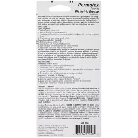 Back view of Permatex 3 oz Dielectric Tune-Up Grease packaging with multi-language instructions