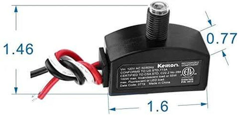 Dimensions of 120V Outdoor Dusk To Dawn Photocell Sensor Hard-Wired Post Light Control shown with wires and ETL listing, 2 pack