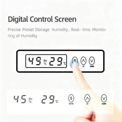 Digital control screen of 3D Printer Filament Dryer Box For Anti Moisture Storage, humidity settings at 49 RH and 29°C.