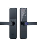 Top Shelf Keyless Fingerprint Smart Door Lock With Rain Ready Waterproof Design And Slick Remote Photo Control App For Zero Hassle Home Security And Bulletproof Deadbolt Protection showing sleek black design with a touchpad and handle.