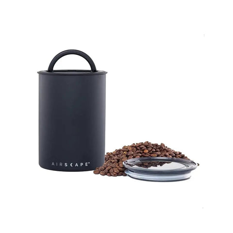 Stainless Steel Coffee Canister With Patented Inner Plunger Lid That Forces Out Oxygen And Locks In Freshness, Matte Black, with coffee beans