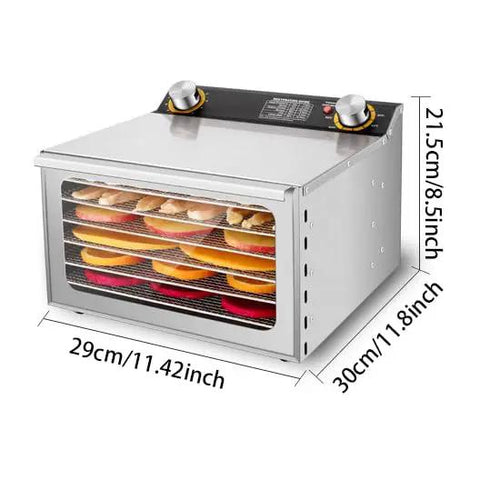 Real Talk Four Hundred Watt Freeze Dryer Machine with multi layer trays and digital controls, side view with dried fruits.