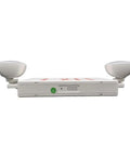 Emergency Exit Sign With Battery Backup, Dual LED Adjustable Heads, side view, horizontal installation, white housing.