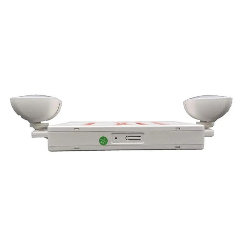 Emergency Exit Sign With Battery Backup, Dual LED Adjustable Heads, side view, horizontal installation, white housing.