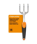 Ergo Cultivator For Digging And Aerating Soil And Weeding This Heavy Duty Garden Tool With An Ergonomic Cast Aluminum Head And Sharp Tines Plus A Hanging Hole For Easy Storage Yard Work Ready For Tough Soil And Healthier Plants with ergonomic handle and tag description