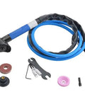 Heavy Duty Right Angle Pneumatic Air Die Grinder With Snappy Elbow Cutout, detailed tool set with hoses and attachments.