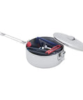 Beefy Stainless Steel Stowaway Camping Pot 475 mL With Locking Lid And Fold Over Handle showing tools inside