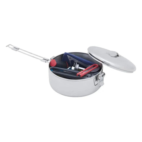 Beefy Stainless Steel Stowaway Camping Pot 475 mL With Locking Lid And Fold Over Handle showing tools inside