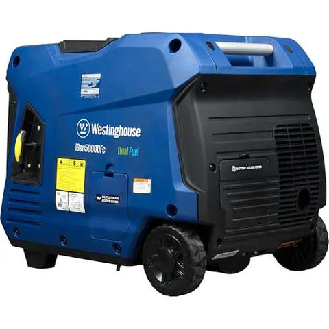 Dual Fuel 5000 Watt Portable Inverter Generator with Remote Start, gas or propane, RV ready, side view, wheels visible