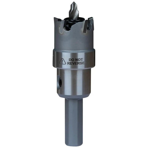 Heavy Duty Pro Grade Seven Eighths Inch Carbide Hole Cutter For Stainless Steel Mild Steel Iron Copper And Brass Delivers Clean Precise Holes Fast With Durable Construction For Tough Metal Work, grey carbide hole cutter front view