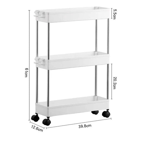 No Sweat Rolling Utility Cart With Smooth Slide Out Storage Rack And Reinforced Hook Compact Mobile Shelving Organizer Fits Narrow Slots Easy Tool Free Assembly For Bathroom Or Kitchen Game Changer, dimensions 39.8x12.6x61 cm, white steel frame.