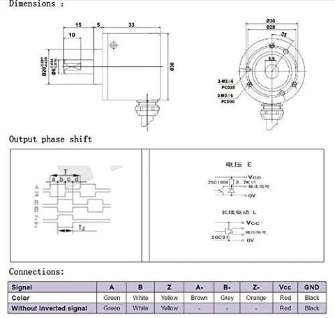 Technical diagram of 38mm Diameter Incremental Optical Rotary Encoder With 6mm Solid Shaft, 1024 PPR Resolution, ABZ Line Driver Output, 5V DC Supply, Compact Shaft Encoder For Precise Motion Control And Robotics Projects.