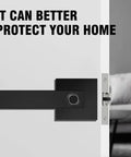 Smart Biometric Door Lock With Fingerprint Keyless Handle For Home Use mounted on a white door, showcasing its sleek design.