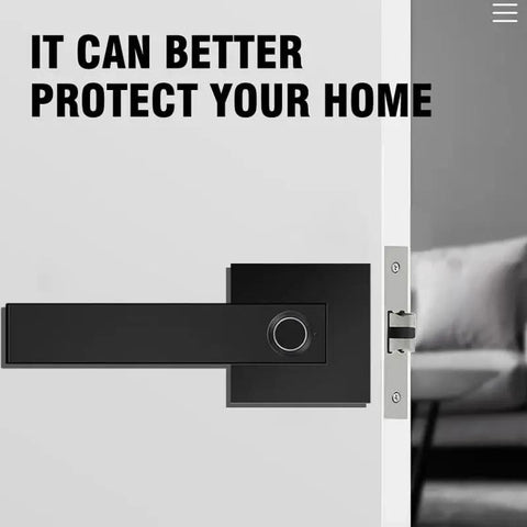 Smart Biometric Door Lock With Fingerprint Keyless Handle For Home Use mounted on a white door, showcasing its sleek design.