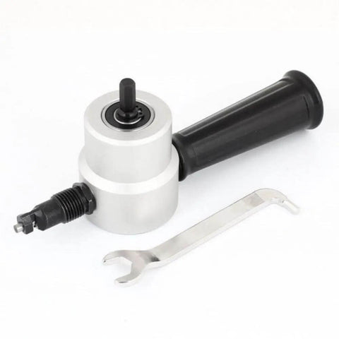 Double Head Sheet Metal Nibbler Saw Cutter Power Drill Attachment with ergonomic handle and wrench for car repair and metal sheet projects.