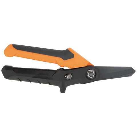 Side view of Titanium Coated Utility Scissors with Serrated Blades Built For Tough Jobs, compact 7 inch design, cushioned grips.