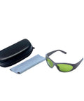 Heavy Duty Laser Safety Glasses With Crystal Clear Lenses Providing Straight Up Protection Against 660nm And 800 To 1095nm Wavelengths Featuring OD5 Rating For Labs And Clinics with case and cleaning cloth.