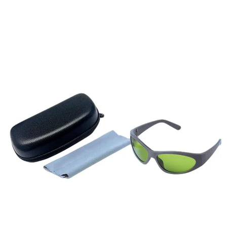 Heavy Duty Laser Safety Glasses With Crystal Clear Lenses Providing Straight Up Protection Against 660nm And 800 To 1095nm Wavelengths Featuring OD5 Rating For Labs And Clinics with case and cleaning cloth.