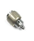 Ball Bearing Drill Chuck With Key For JT4 Fit, 1/32 To 3/4 Inch Capacity, Ultra Smooth Heavy Duty Construction, shown from a side angle.