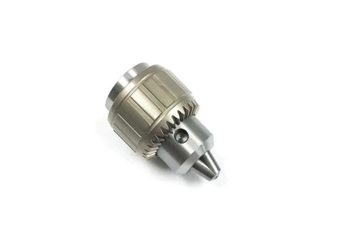 Ball Bearing Drill Chuck With Key For JT4 Fit, 1/32 To 3/4 Inch Capacity, Ultra Smooth Heavy Duty Construction, shown from a side angle.