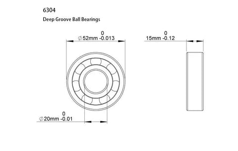 Technical diagram of 6304 Deep Groove Ball Bearing 20x52x15mm, 2RS double shield, depicting dimensions and design features.