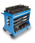 Heavy Duty Press Brake Changeover Cart For American Style Tooling VT36600 with blue frame and tooling storage compartments